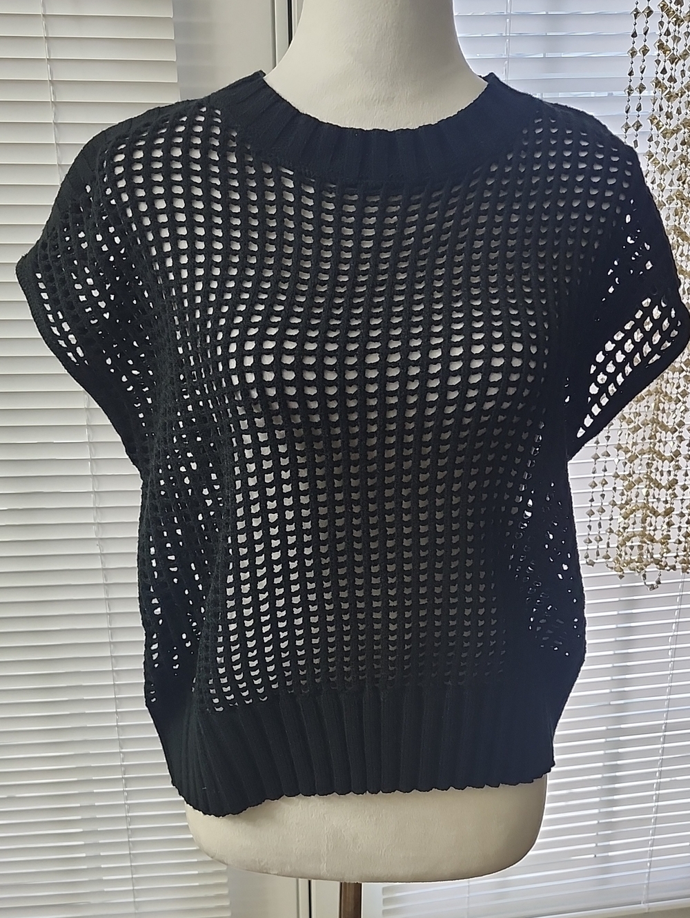Black Open Knit Short Sleeve Sweater — Women